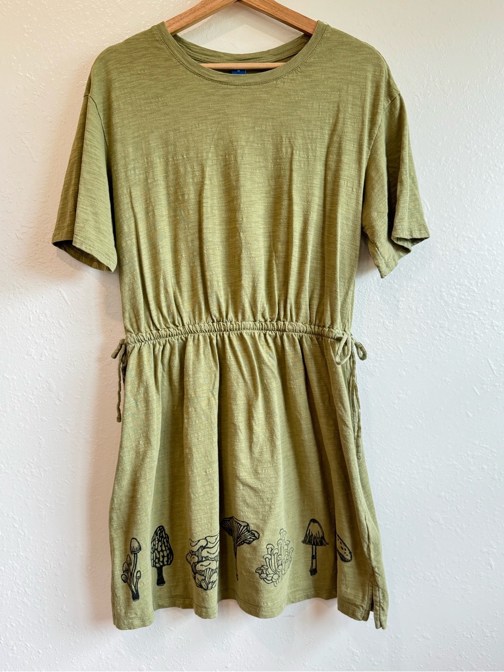 Hand Printed Old Navy Green Mushroom Mini Dress | Size M | Cottagecore